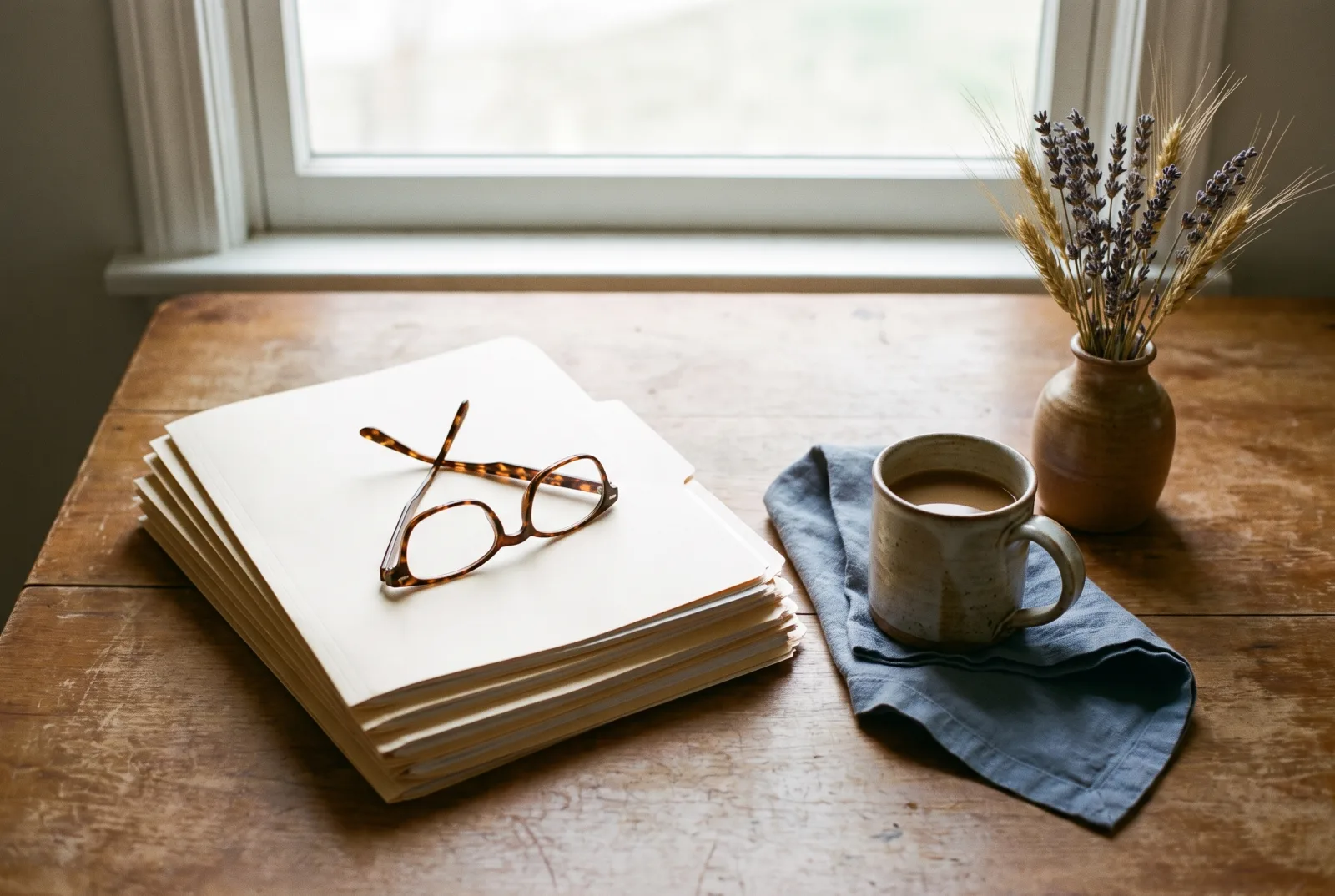 A stack of folders, reading glasses and a cup of coffee on a kitchen table in morning light